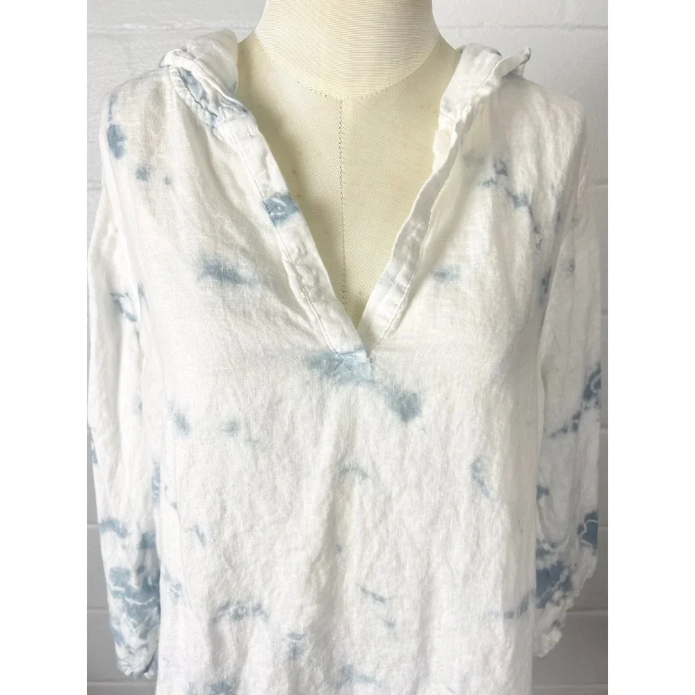C&C California Linen Tie Dye Hooded Tunic Top Blue White 1X